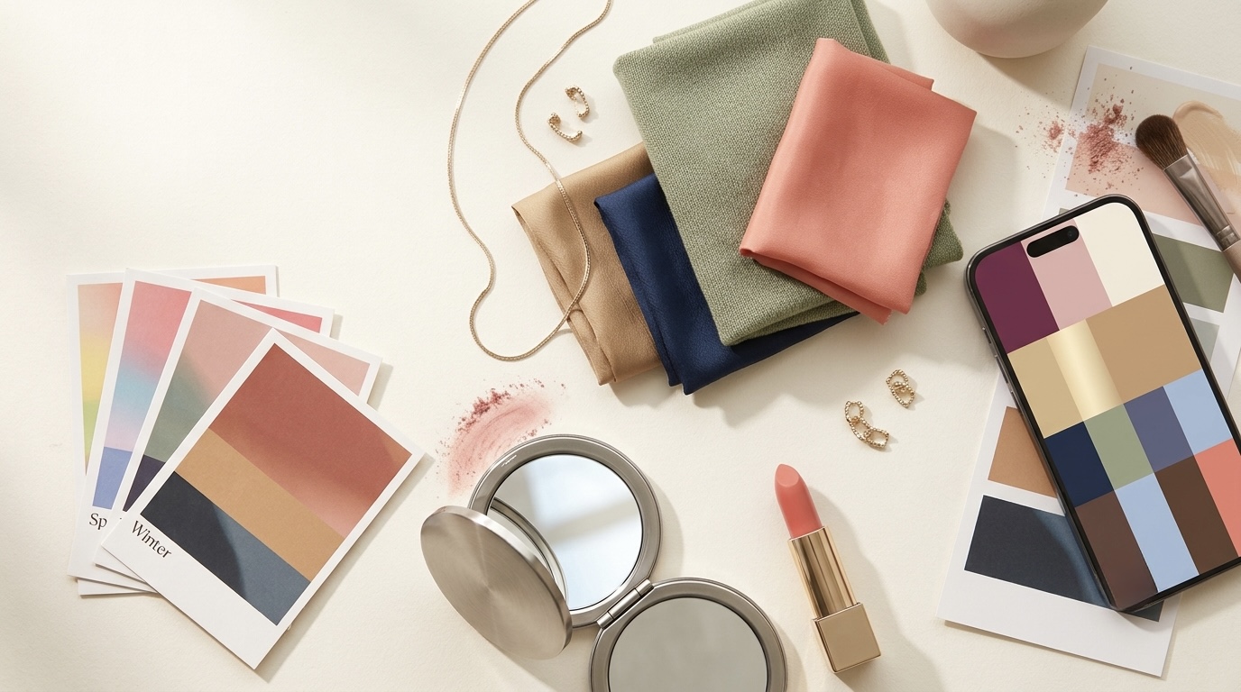 Seasonal palette flat lay with fabric, lipstick, and color cards