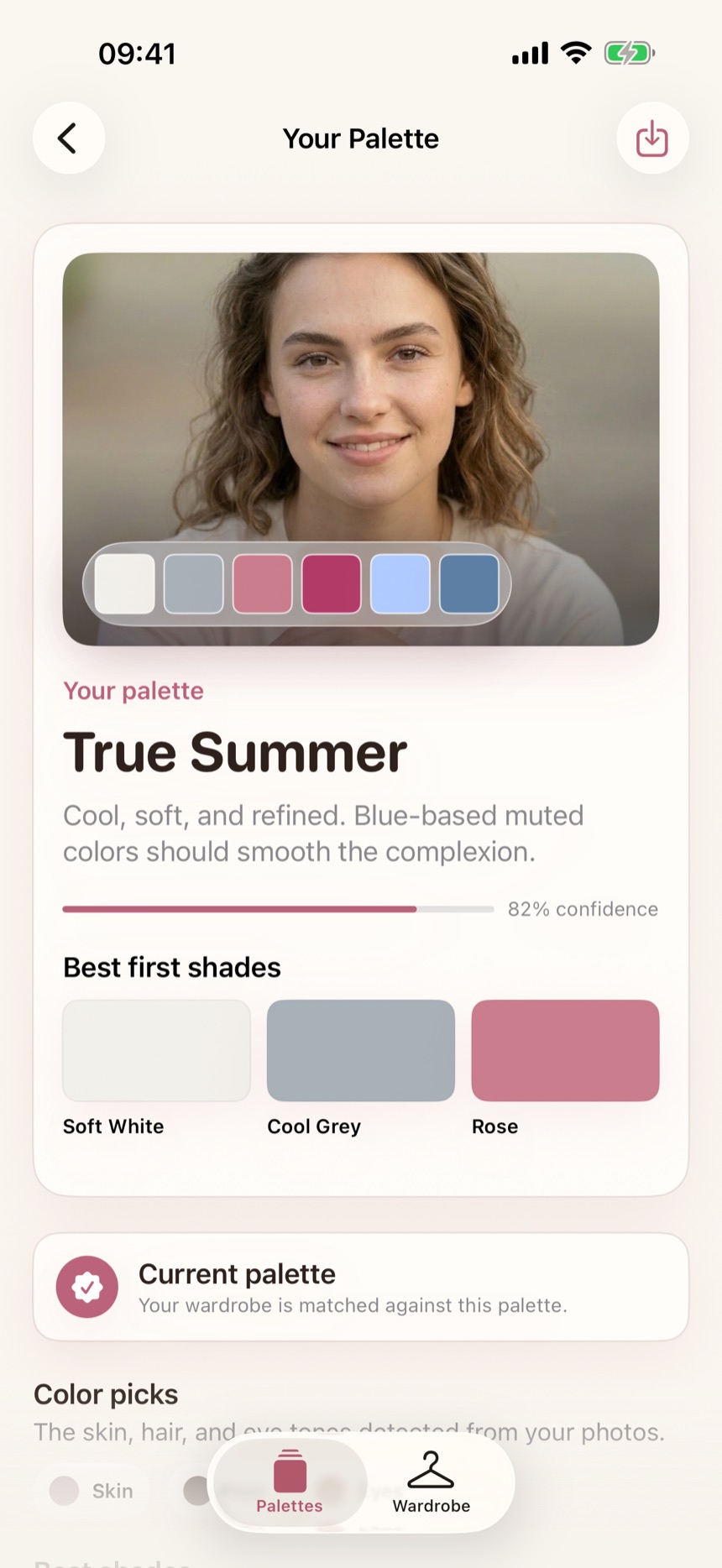 Color Analysis app showing selfie-based palette analysis