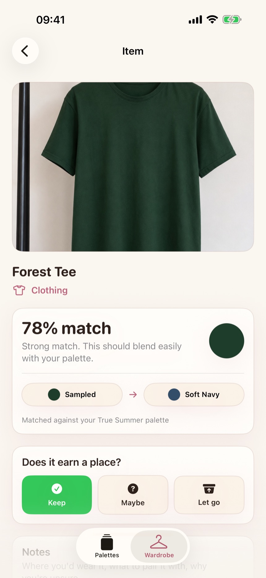 Color Analysis app showing a forest tee with a 78 percent palette match