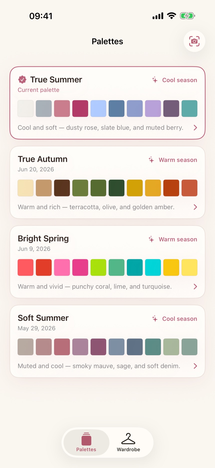 Color Analysis app showing saved seasonal palettes