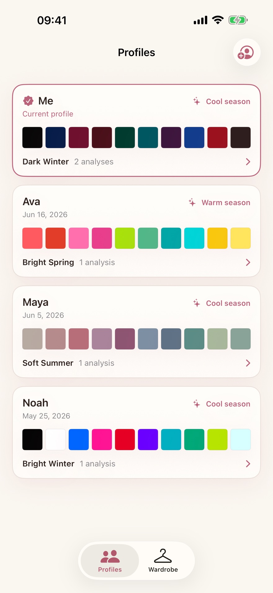 Color Analysis app showing saved profiles and seasonal palettes
