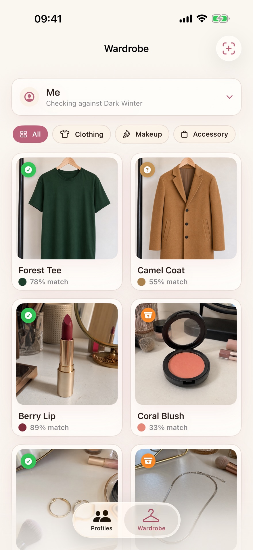Color Analysis app showing wardrobe matches for clothing, makeup, and accessories