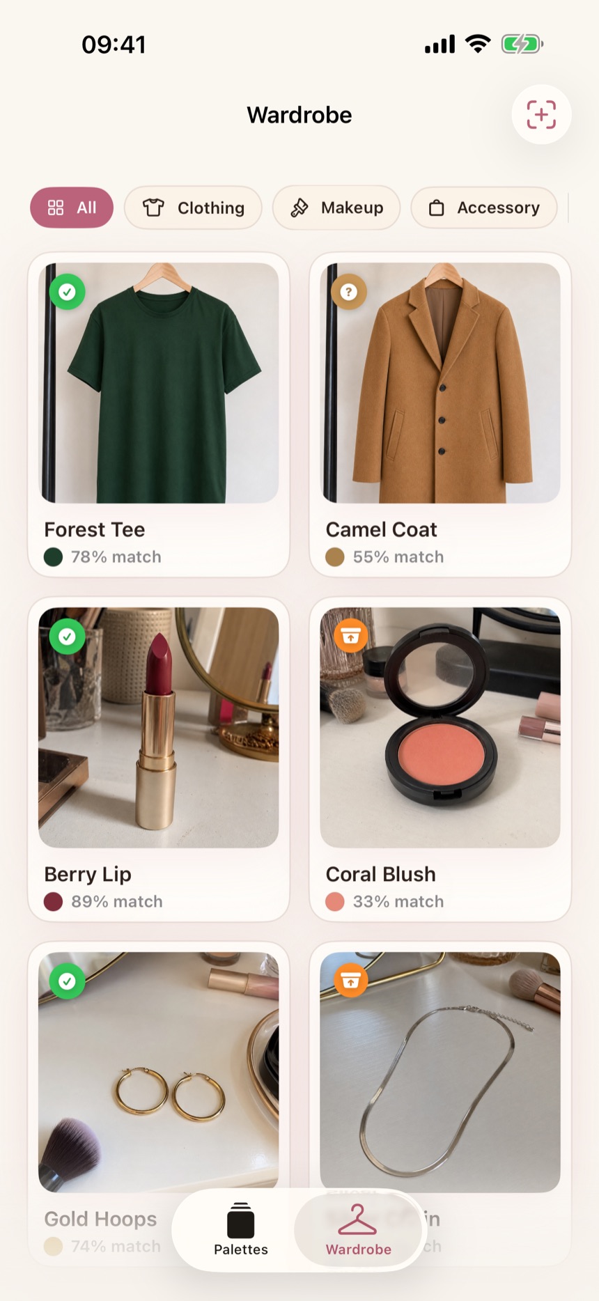Color Analysis app showing wardrobe color match cards for clothing and makeup